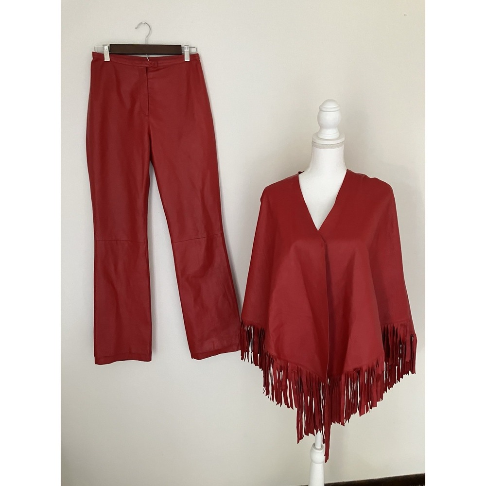 Vintage Newport News 2 Piece Cherry Red Leather Pants & Poncho Boho Cowgirl